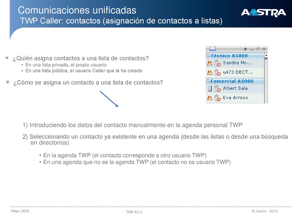 18/09/2018 Comunicaciones unificadas TWP Caller: contactos (asignación de contactos a listas) ¿Quién asigna contactos a una lista de contactos