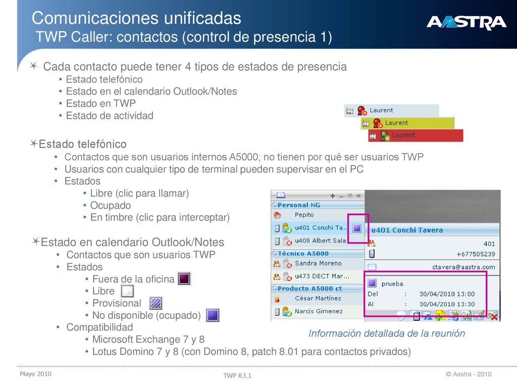 18/09/2018 Comunicaciones unificadas TWP Caller: contactos (control de presencia 1) Cada contacto puede tener 4 tipos de estados de presencia.
