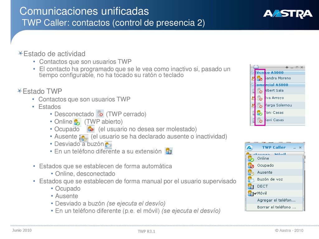 18/09/2018 Comunicaciones unificadas TWP Caller: contactos (control de presencia 2) Estado de actividad.