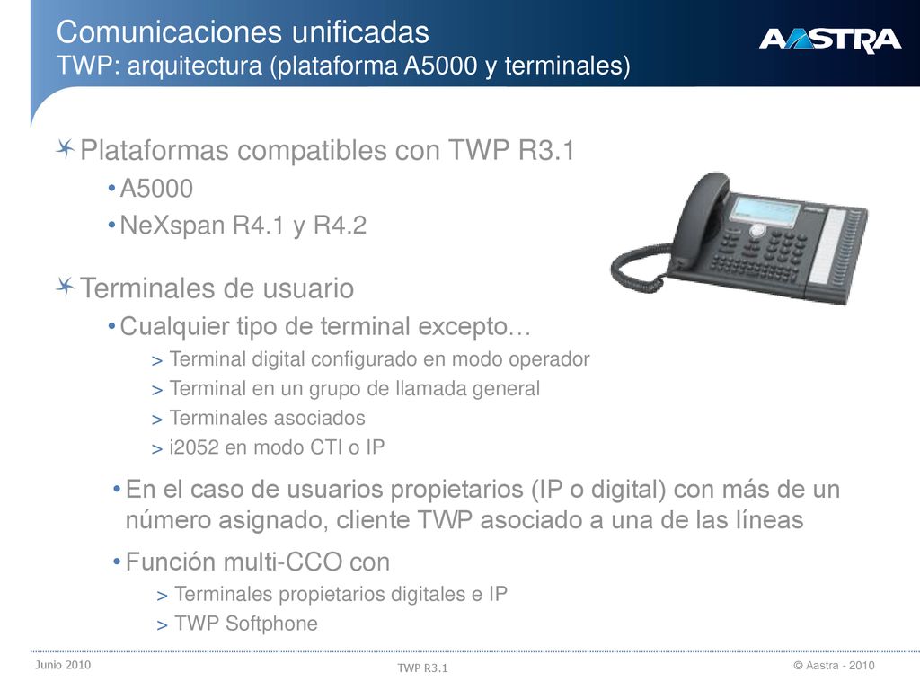 18/09/2018 Comunicaciones unificadas TWP: arquitectura (plataforma A5000 y terminales) Plataformas compatibles con TWP R3.1.