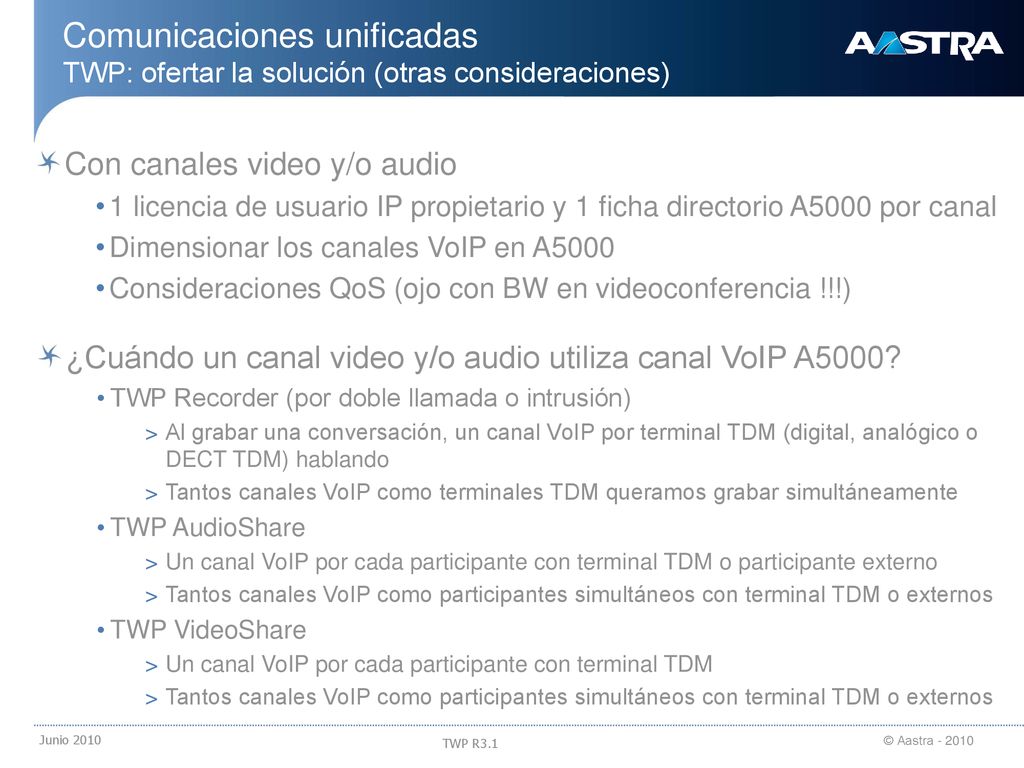 18/09/2018 Comunicaciones unificadas TWP: ofertar la solución (otras consideraciones) Con canales video y/o audio.