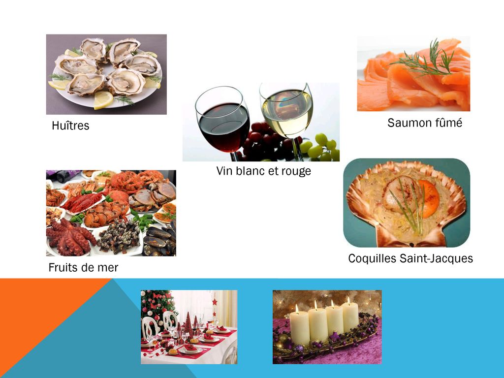 Huîtres Saumon fûmé Vin blanc et rouge Coquilles Saint-Jacques Fruits de mer