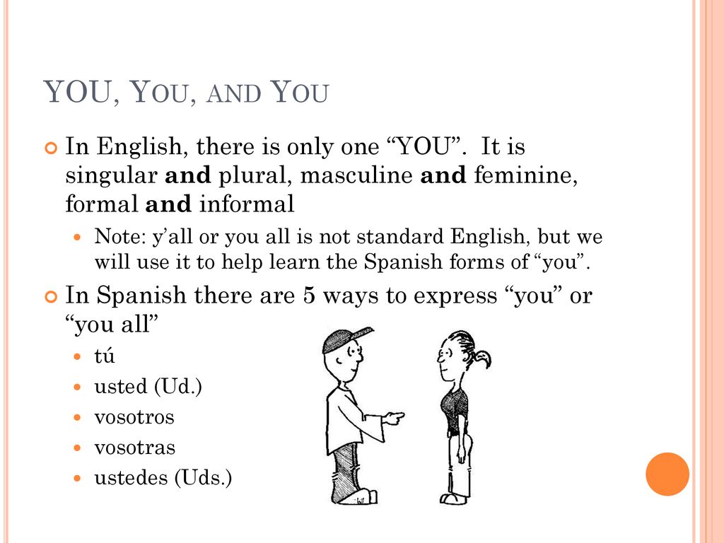 YOU, You, and You In English, there is only one YOU . It is singular and plural, masculine and feminine, formal and informal.