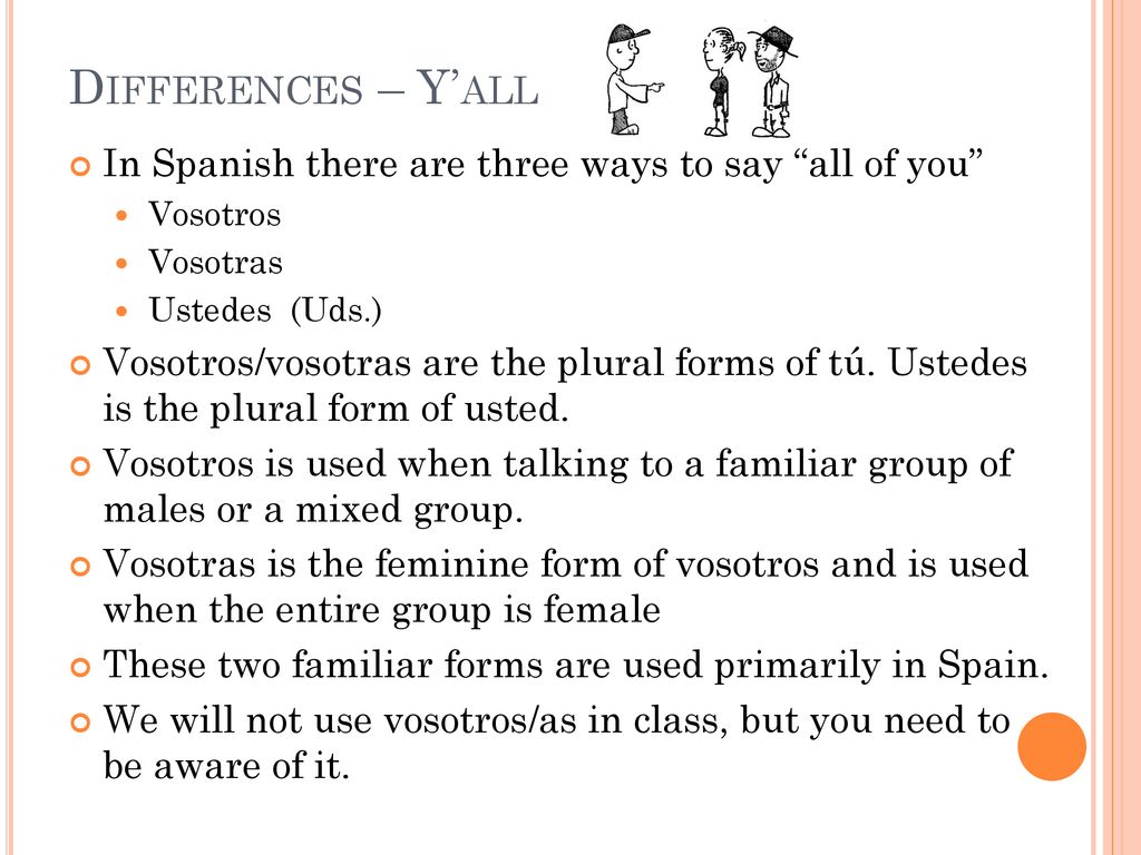 Differences – Y’all In Spanish there are three ways to say all of you Vosotros. Vosotras. Ustedes (Uds.)