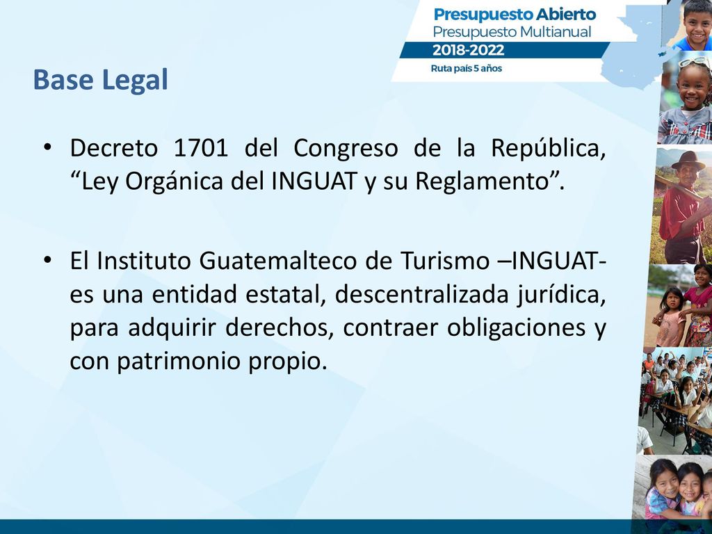 Base Legal Decreto 1701 del Congreso de la República, Ley Orgánica del INGUAT y su Reglamento .