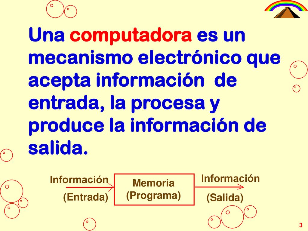 Una computadora es un mecanismo electrónico que acepta información de entrada, la procesa y produce la información de salida.