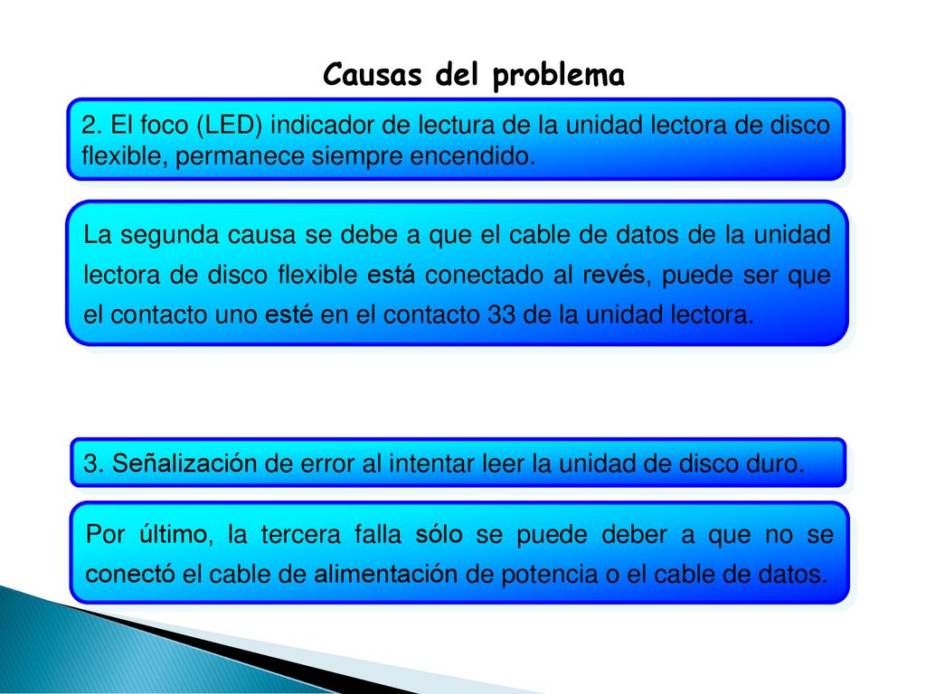 Causas del problema 2. El foco (LED) indicador de lectura de la unidad lectora de disco flexible, permanece siempre encendido.
