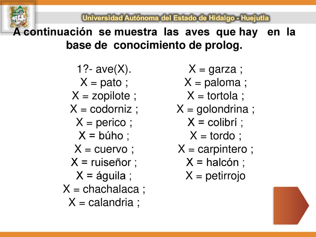 A continuación se muestra las aves que hay en la base de conocimiento de prolog.