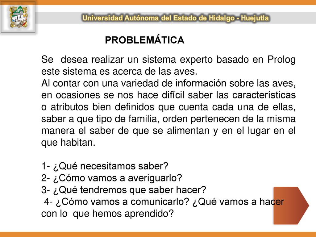 PROBLEMÁTICA Se desea realizar un sistema experto basado en Prolog este sistema es acerca de las aves.