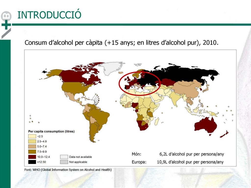 INTRODUCCIÓ Consum d’alcohol per càpita (+15 anys; en litres d’alcohol pur),