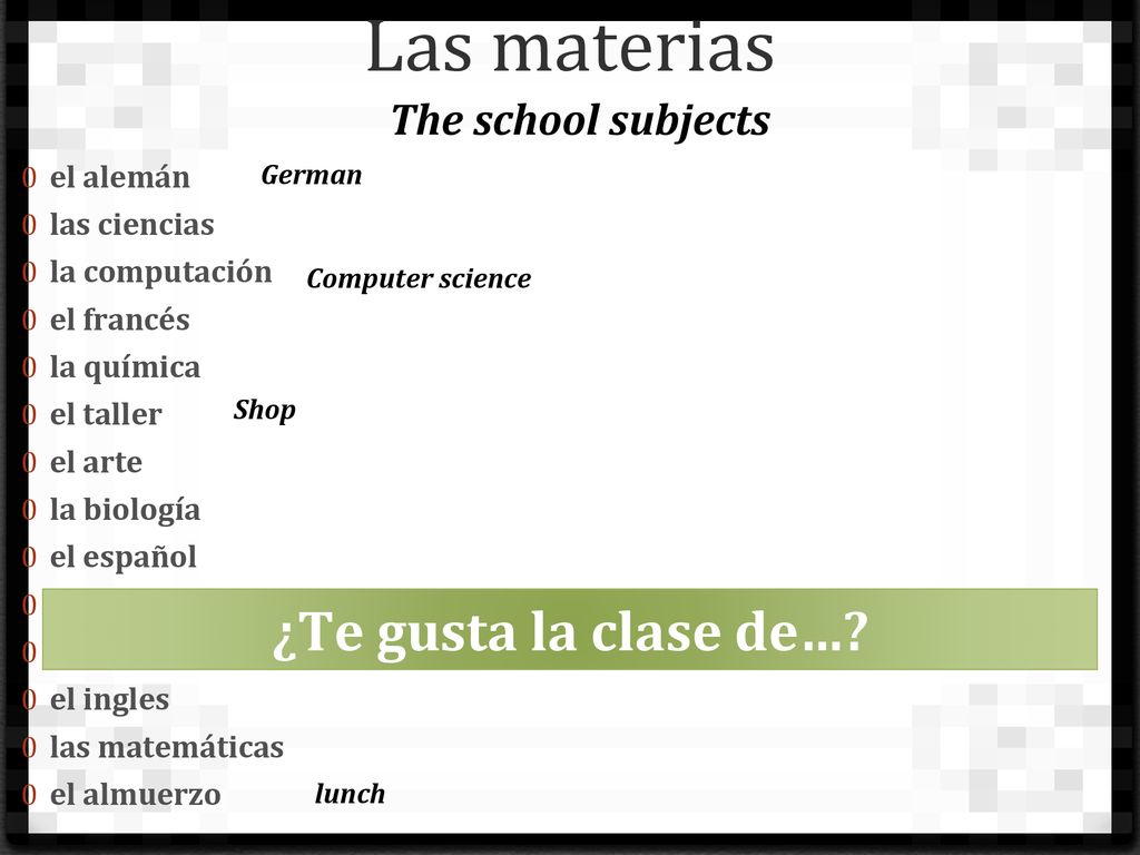 Las materias ¿Te gusta la clase de… The school subjects el alemán