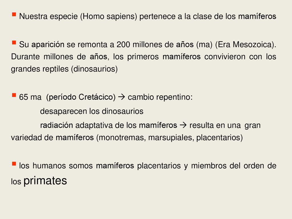 Nuestra especie (Homo sapiens) pertenece a la clase de los mamíferos