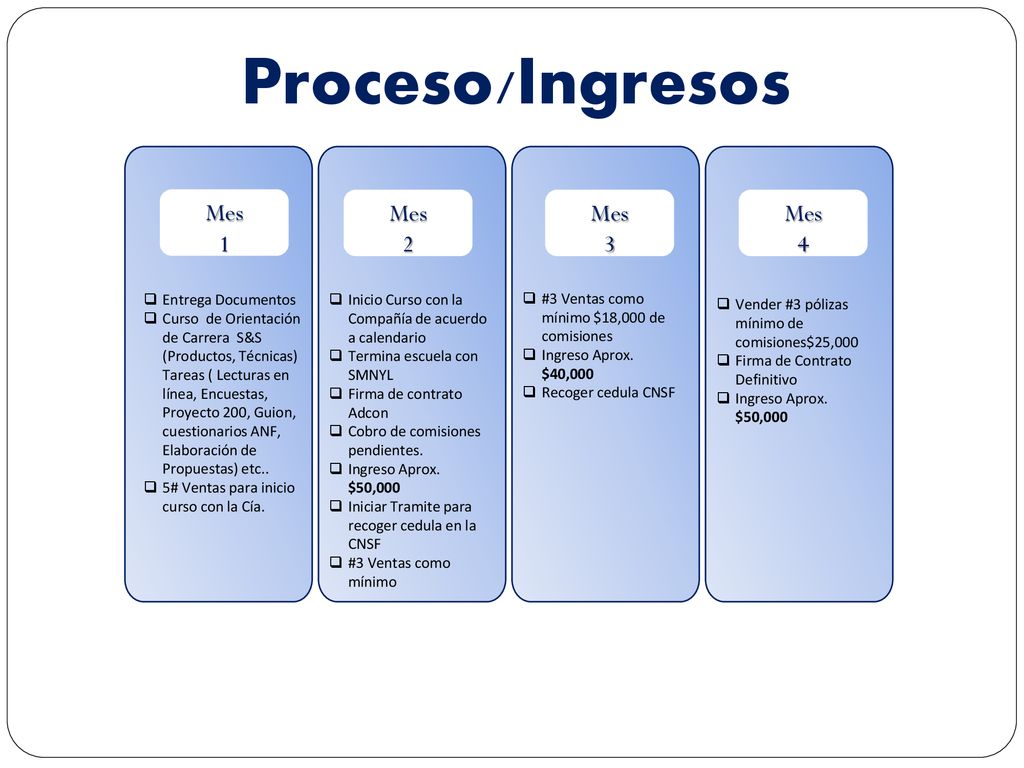 Proceso/Ingresos Mes 1 Mes 2 Mes 3 Mes 4 Entrega Documentos
