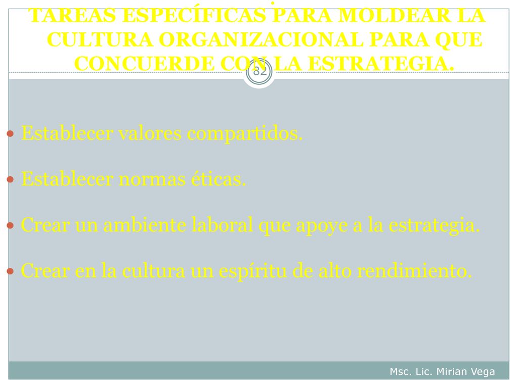 TAREAS ESPECÍFICAS PARA MOLDEAR LA CULTURA ORGANIZACIONAL PARA QUE CONCUERDE CON LA ESTRATEGIA.
