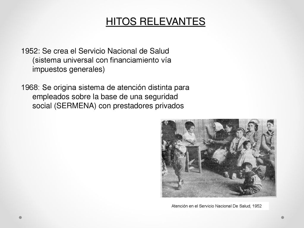 HITOS RELEVANTES 1952: Se crea el Servicio Nacional de Salud (sistema universal con financiamiento vía impuestos generales)