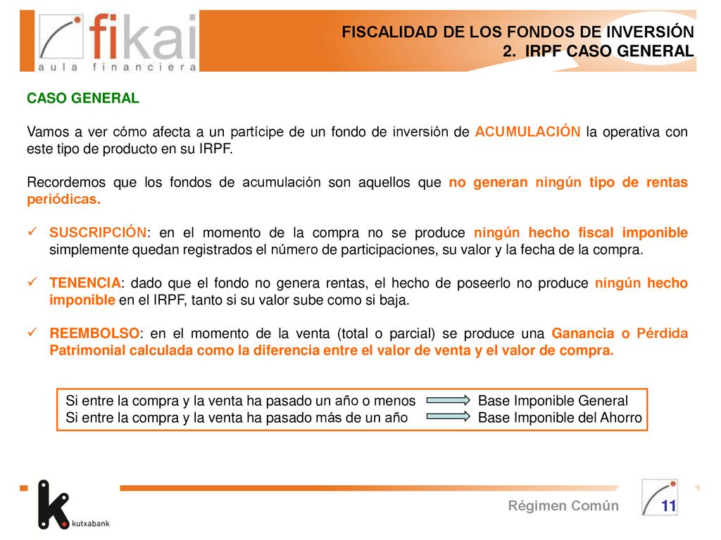 FISCALIDAD DE LOS FONDOS DE INVERSIÓN 2. IRPF CASO GENERAL