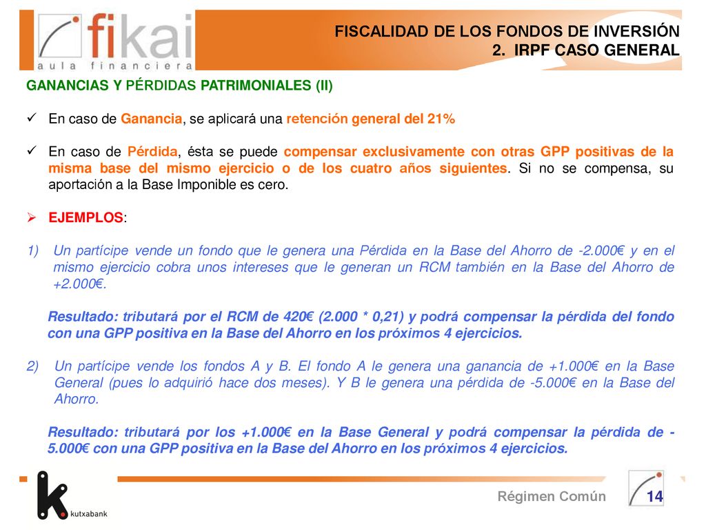 FISCALIDAD DE LOS FONDOS DE INVERSIÓN 2. IRPF CASO GENERAL