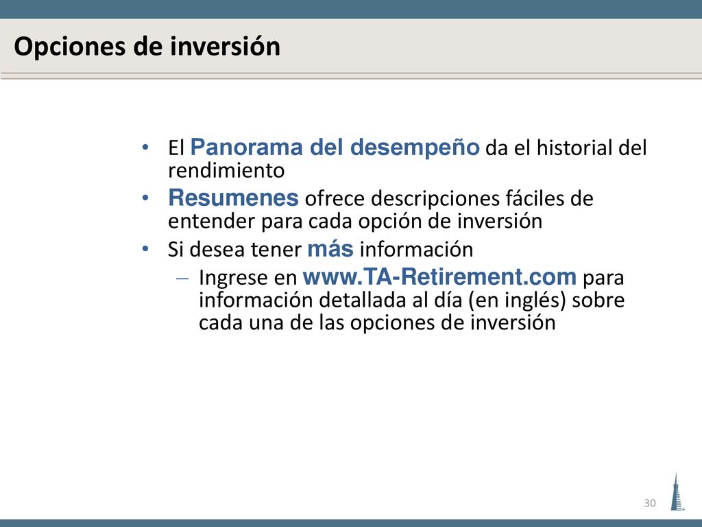 Opciones de inversión El Panorama del desempeño da el historial del rendimiento.