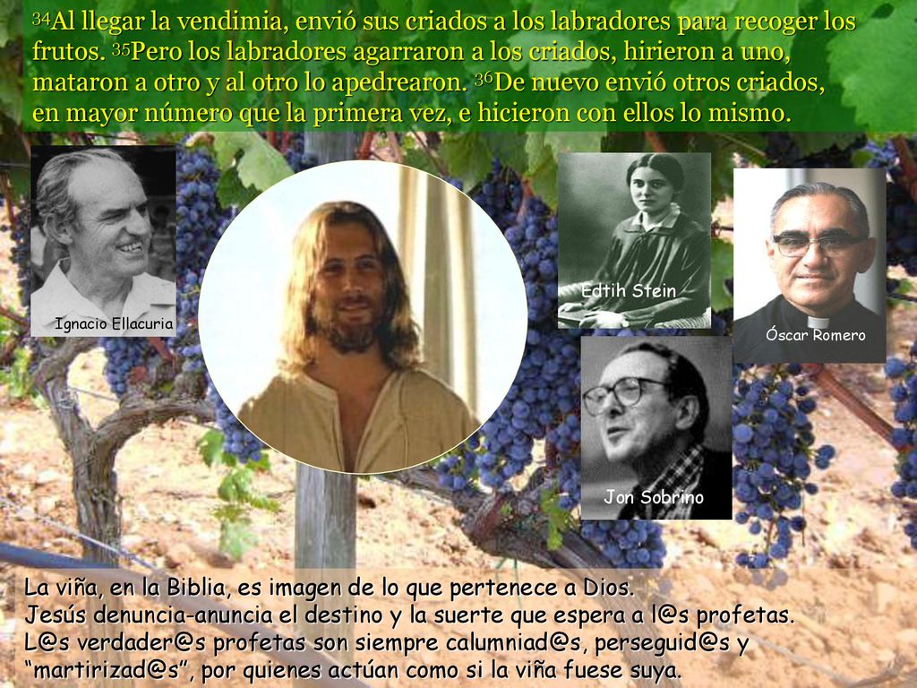 34Al llegar la vendimia, envió sus criados a los labradores para recoger los frutos. 35Pero los labradores agarraron a los criados, hirieron a uno, mataron a otro y al otro lo apedrearon. 36De nuevo envió otros criados, en mayor número que la primera vez, e hicieron con ellos lo mismo.
