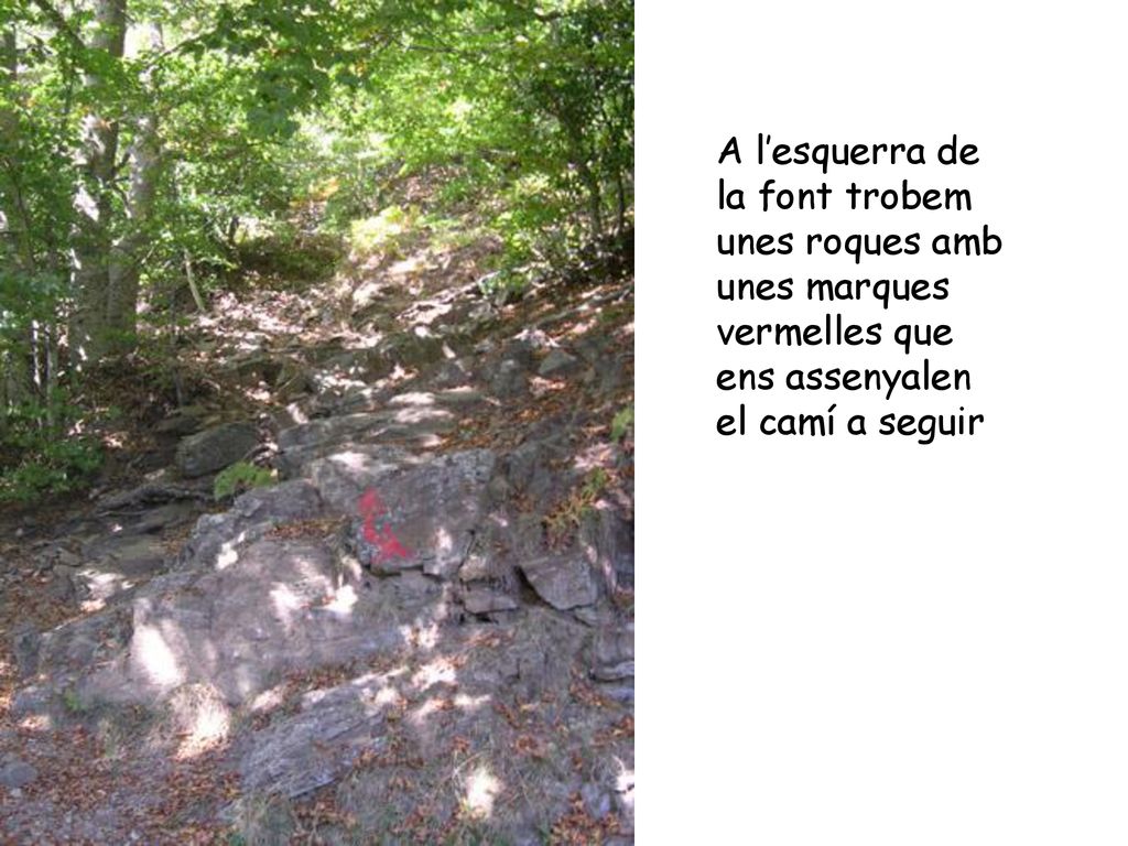 A l’esquerra de la font trobem unes roques amb unes marques vermelles que ens assenyalen el camí a seguir