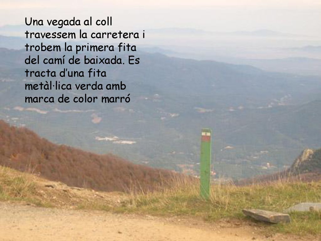Una vegada al coll travessem la carretera i trobem la primera fita del camí de baixada.