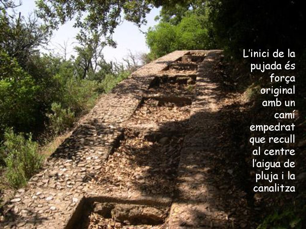 L’inici de la pujada és força original amb un camí empedrat que recull al centre l’aigua de pluja i la canalitza