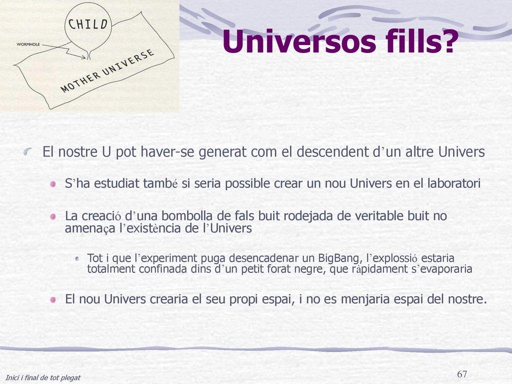 Universos fills El nostre U pot haver-se generat com el descendent d’un altre Univers.