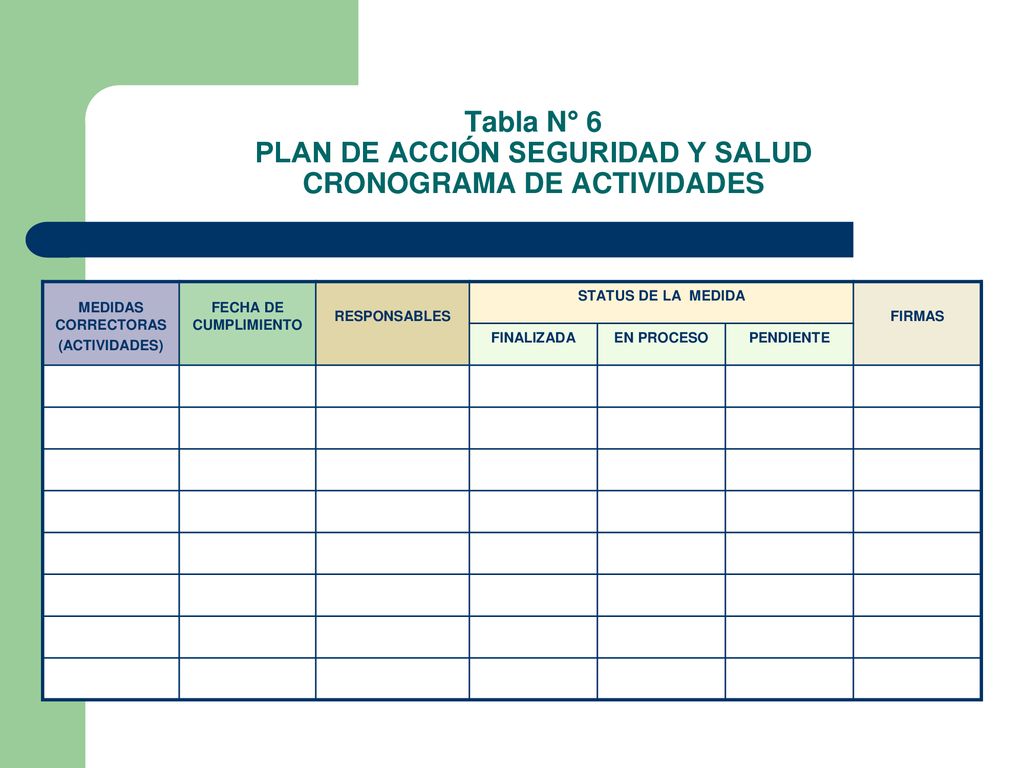 Tabla N° 6 PLAN DE ACCIÓN SEGURIDAD Y SALUD CRONOGRAMA DE ACTIVIDADES
