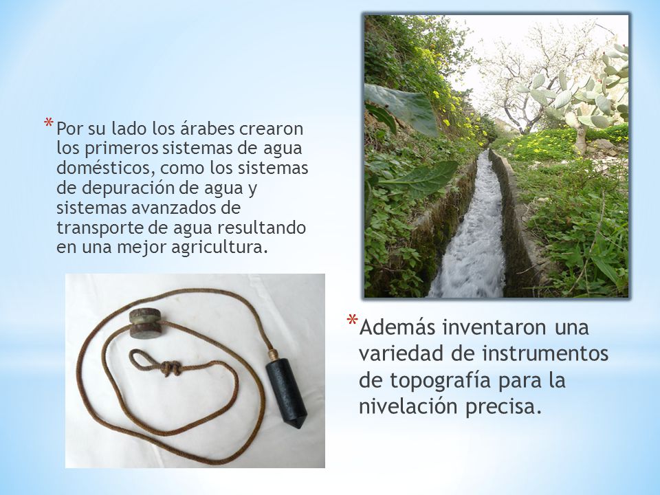Por su lado los árabes crearon los primeros sistemas de agua domésticos, como los sistemas de depuración de agua y sistemas avanzados de transporte de agua resultando en una mejor agricultura.