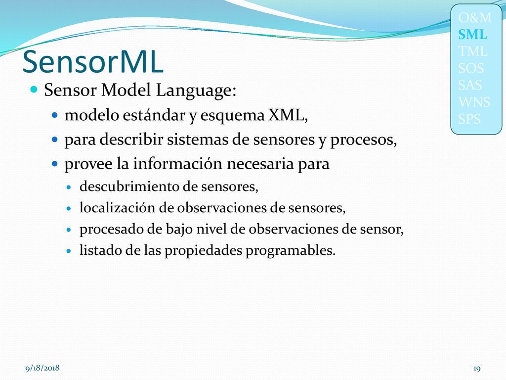 SensorML Sensor Model Language: modelo estándar y esquema XML,