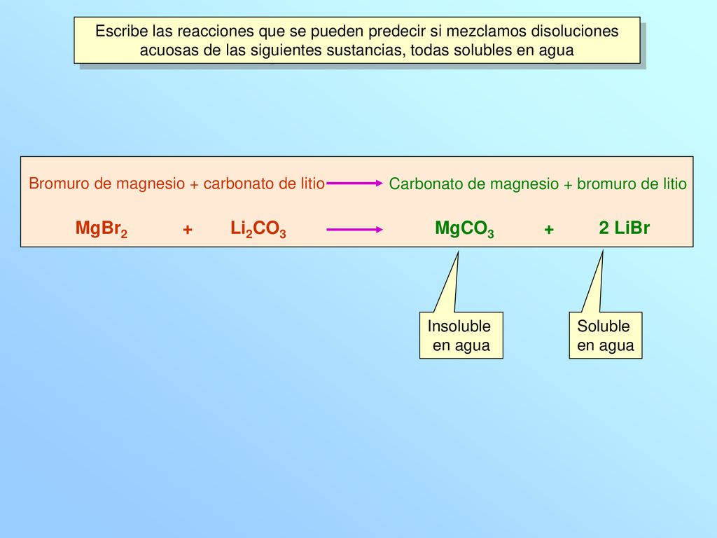 Escribe las reacciones que se pueden predecir si mezclamos disoluciones acuosas de las siguientes sustancias, todas solubles en agua