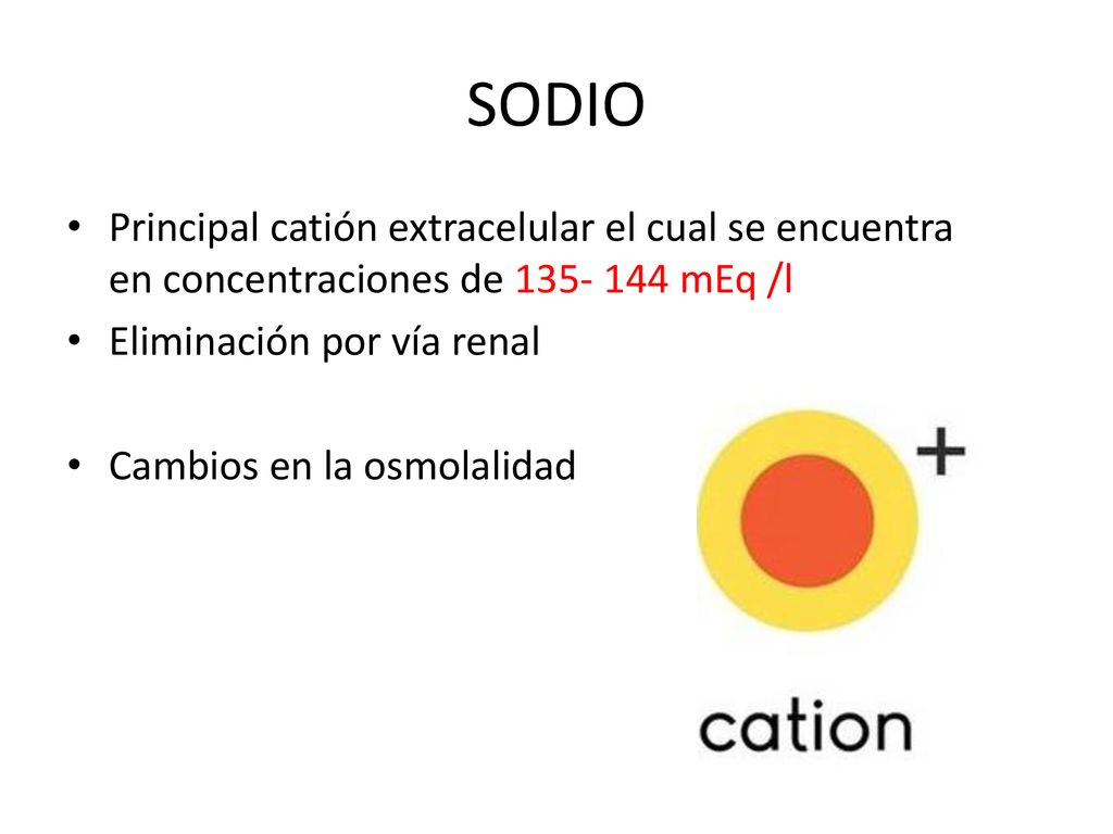 SODIO Principal catión extracelular el cual se encuentra en concentraciones de mEq /l. Eliminación por vía renal.