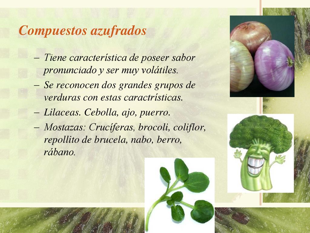 Compuestos azufrados Tiene característica de poseer sabor pronunciado y ser muy volátiles.