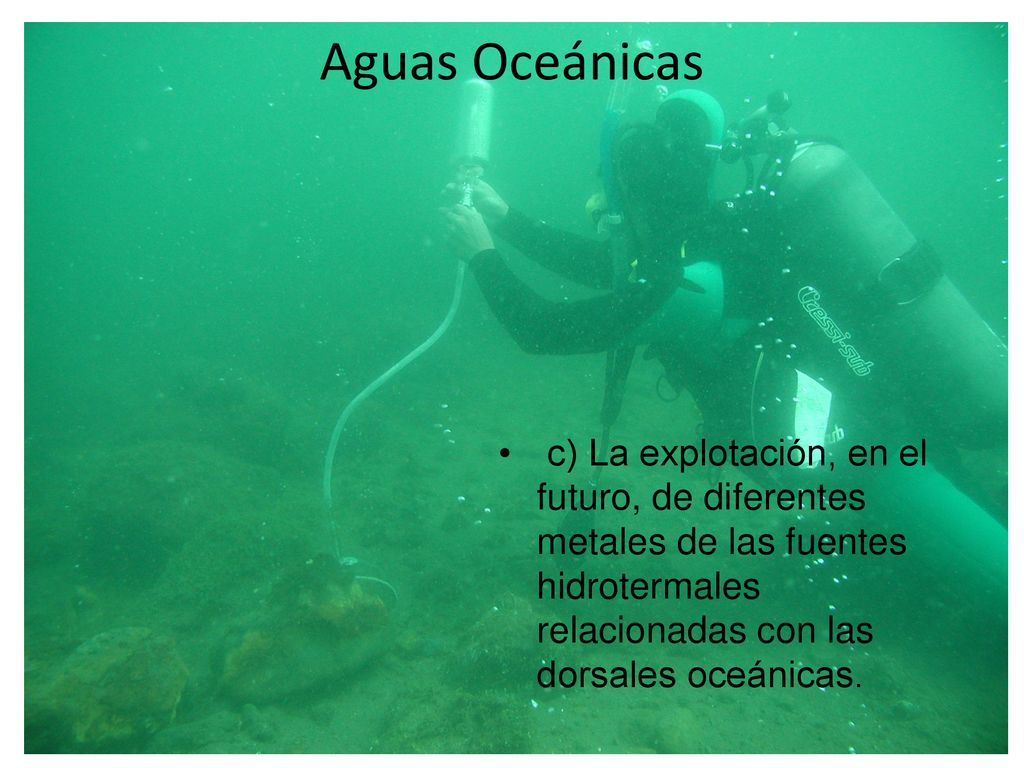 Aguas Oceánicas c) La explotación, en el futuro, de diferentes metales de las fuentes hidrotermales relacionadas con las dorsales oceánicas.