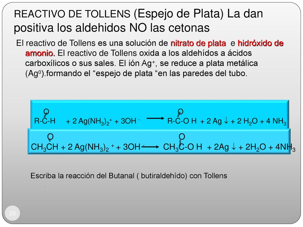 REACTIVO DE TOLLENS (Espejo de Plata) La dan positiva los aldehidos NO las cetonas
