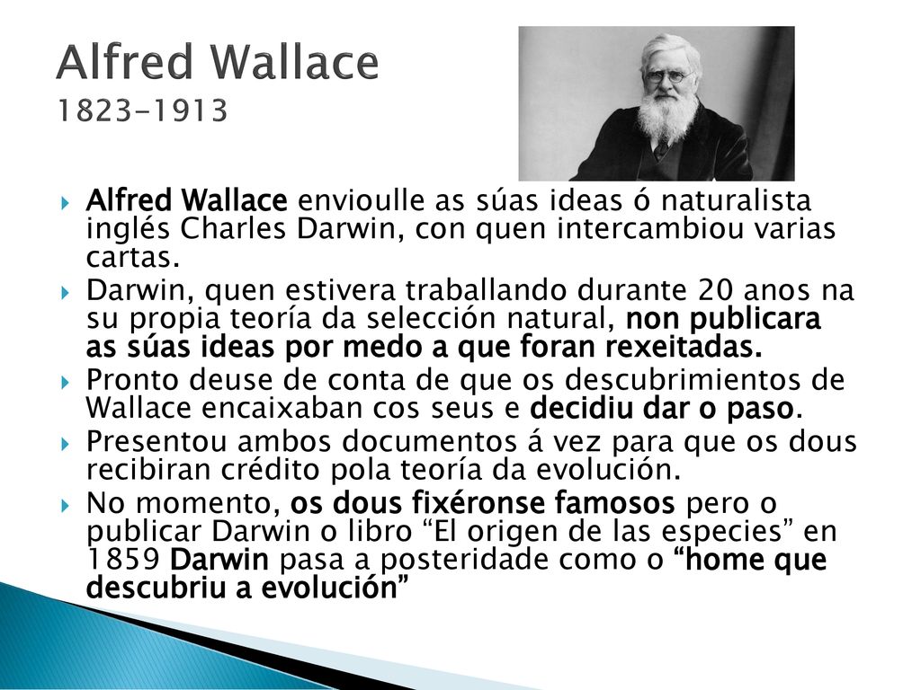 Alfred Wallace Alfred Wallace envioulle as súas ideas ó naturalista inglés Charles Darwin, con quen intercambiou varias cartas.