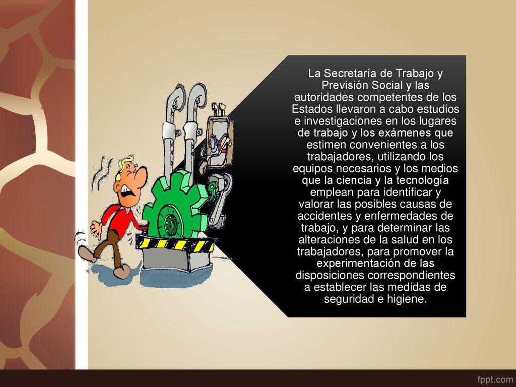 La Secretaría de Trabajo y Previsión Social y las autoridades competentes de los Estados llevaron a cabo estudios e investigaciones en los lugares de trabajo y los exámenes que estimen convenientes a los trabajadores, utilizando los equipos necesarios y los medios que la ciencia y la tecnología emplean para identificar y valorar las posibles causas de accidentes y enfermedades de trabajo, y para determinar las alteraciones de la salud en los trabajadores, para promover la experimentación de las disposiciones correspondientes a establecer las medidas de seguridad e higiene.
