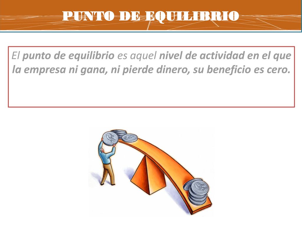 PUNTO DE EQUILIBRIO El punto de equilibrio es aquel nivel de actividad en el que la empresa ni gana, ni pierde dinero, su beneficio es cero.