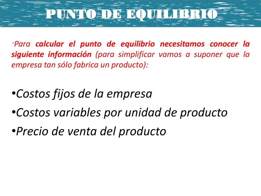 Costos fijos de la empresa Costos variables por unidad de producto
