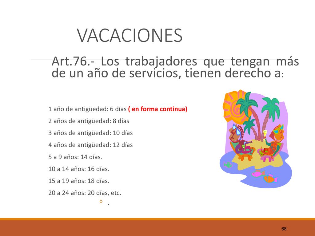 VACACIONES Art.76.- Los trabajadores que tengan más de un año de servicios, tienen derecho a: 1 año de antigüedad: 6 días ( en forma continua)