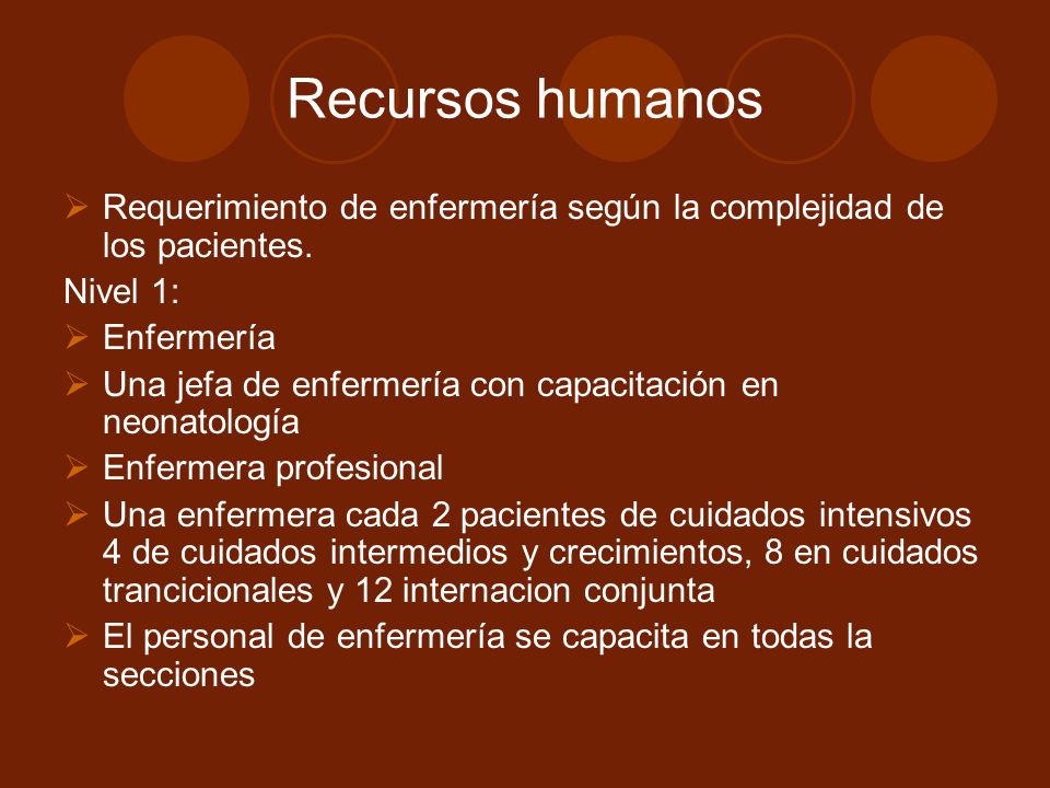 Recursos humanos Requerimiento de enfermería según la complejidad de los pacientes. Nivel 1: Enfermería.