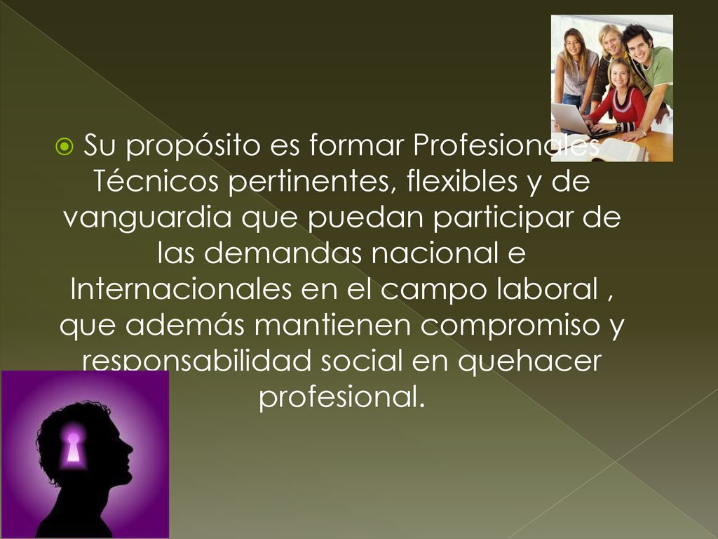 Su propósito es formar Profesionales Técnicos pertinentes, flexibles y de vanguardia que puedan participar de las demandas nacional e Internacionales en el campo laboral , que además mantienen compromiso y responsabilidad social en quehacer profesional.