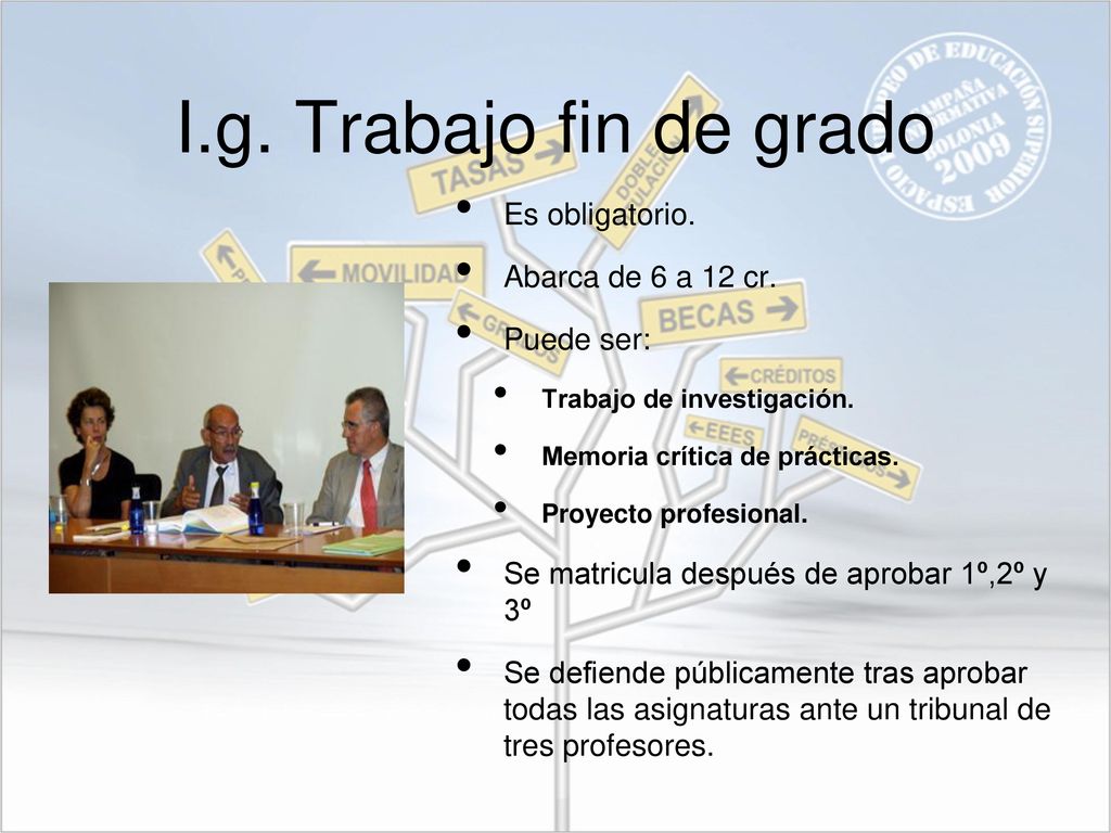 I.g. Trabajo fin de grado Es obligatorio. Abarca de 6 a 12 cr.