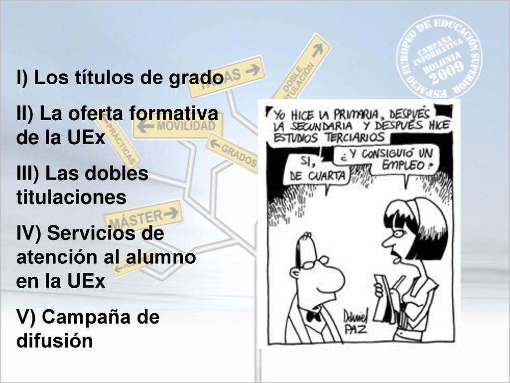 I) Los títulos de grado II) La oferta formativa de la UEx. III) Las dobles titulaciones. IV) Servicios de atención al alumno en la UEx.