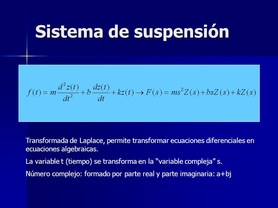 Sistema de suspensión Transformada de Laplace, permite transformar ecuaciones diferenciales en ecuaciones algebraicas.