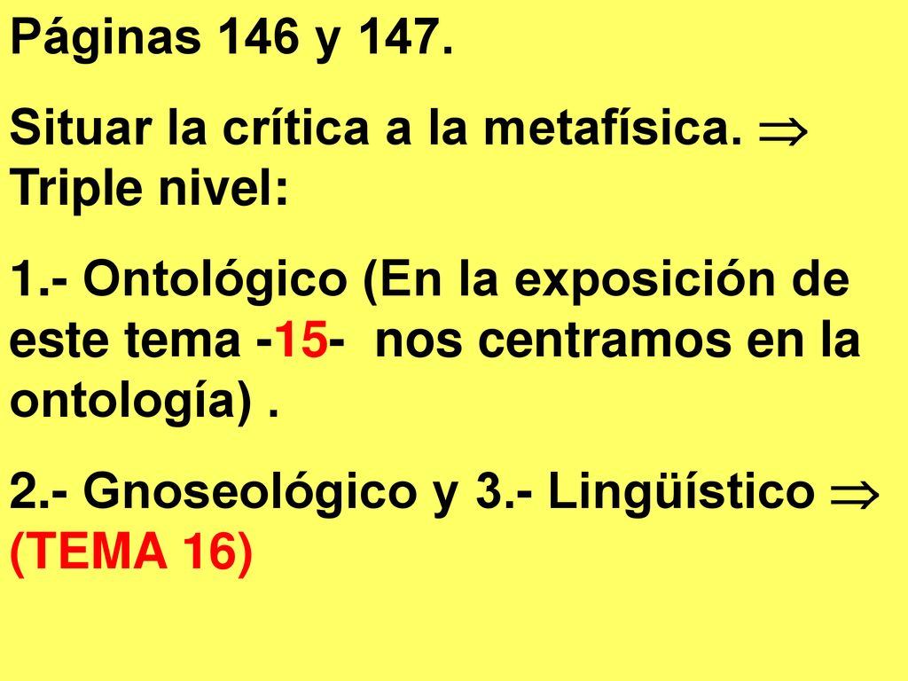 Páginas 146 y 147. Situar la crítica a la metafísica.  Triple nivel: