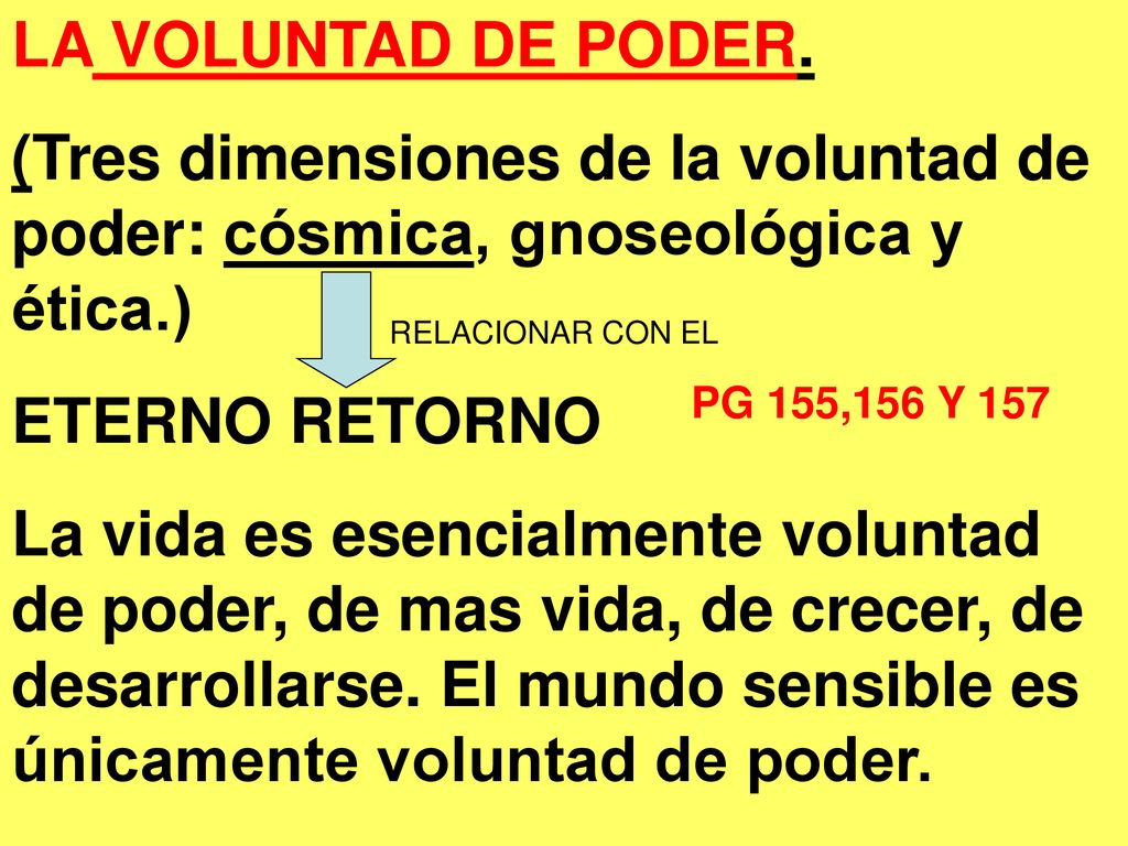 LA VOLUNTAD DE PODER. (Tres dimensiones de la voluntad de poder: cósmica, gnoseológica y ética.) ETERNO RETORNO.