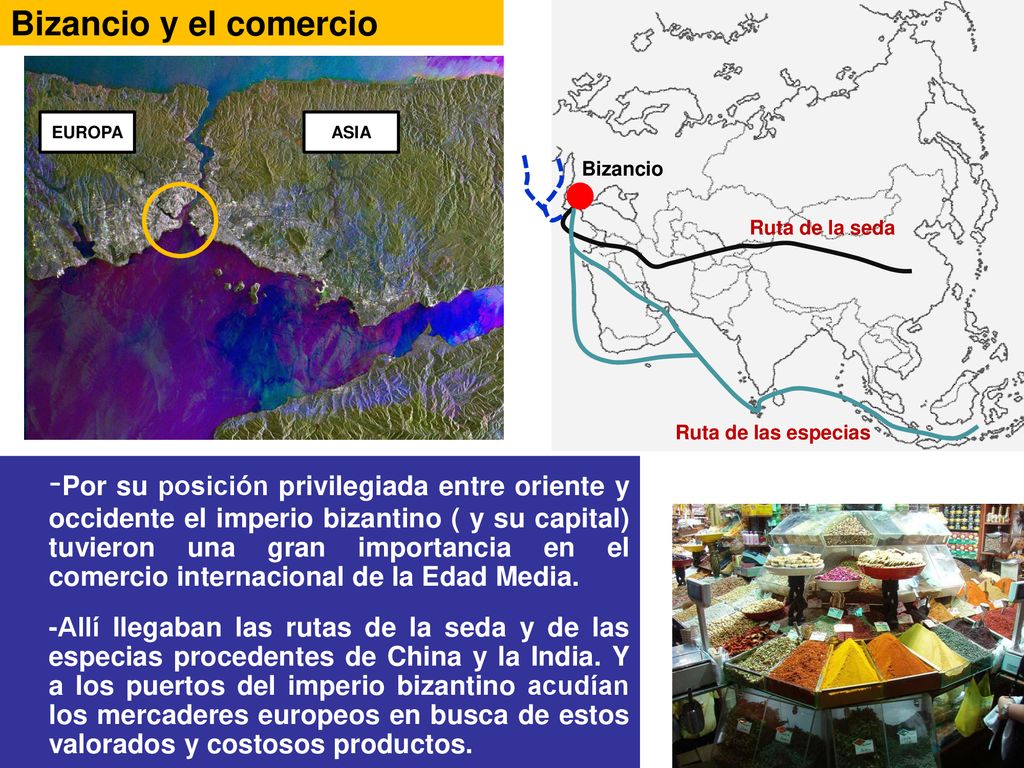 Bizancio y el comercio EUROPA. ASIA. Bizancio. Ruta de la seda. Ruta de las especias.