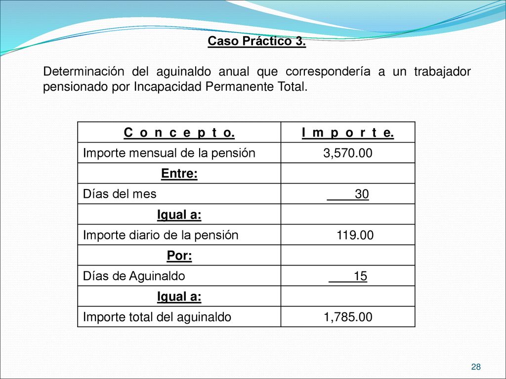 Caso Práctico 3. Determinación del aguinaldo anual que correspondería a un trabajador pensionado por Incapacidad Permanente Total.