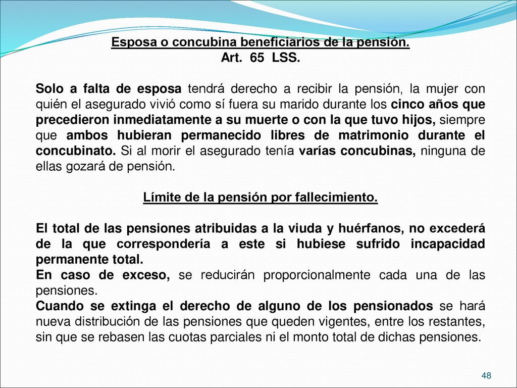 Esposa o concubina beneficiarios de la pensión. Art. 65 LSS.
